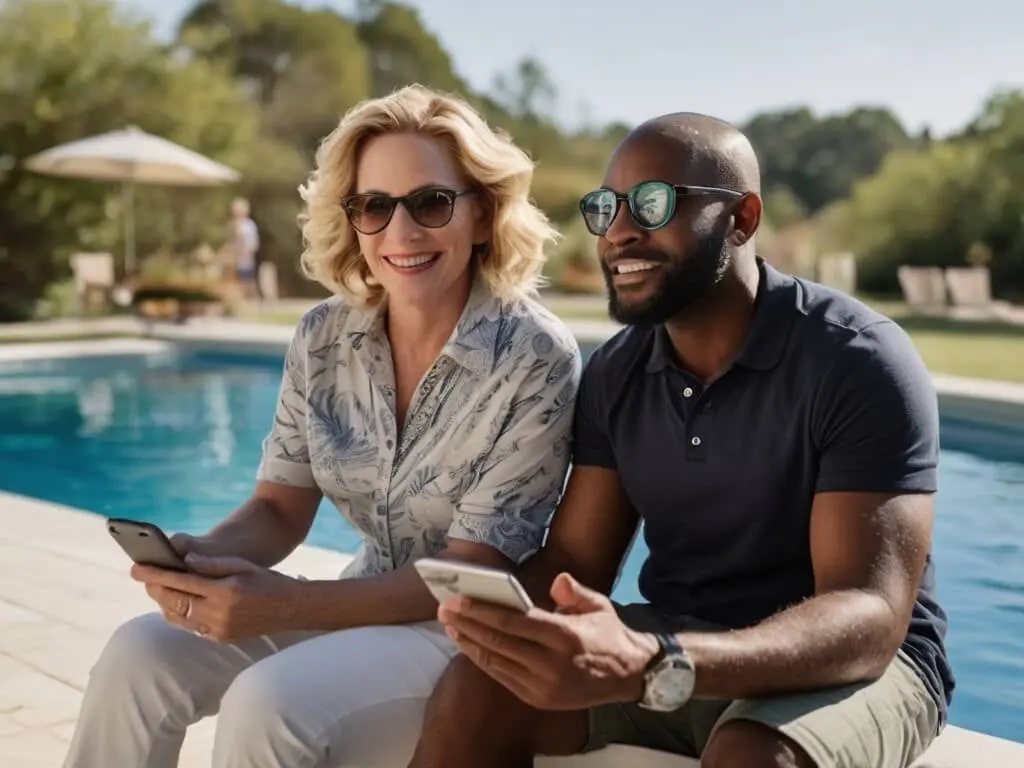 Man and woman by the pool chatting with Angelina on WhatsApp